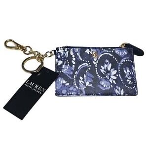Lauren Ralph Lauren Leather Navy Blue Paisley Zip Card Case Wallet Key Ring NWT